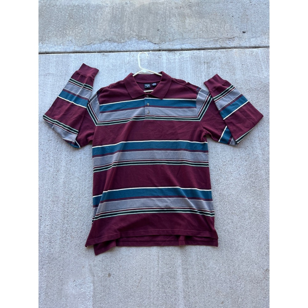 Junction West Mens XXL Long Sleeve Polo Shirt Burgundy Striped Cotton Pique
